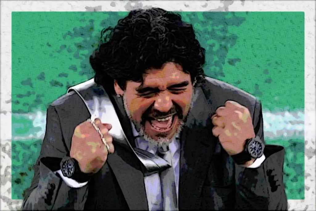 Caricature of Diego Maradona, Argentinian football legend wearing two wrist-watches at the same time.