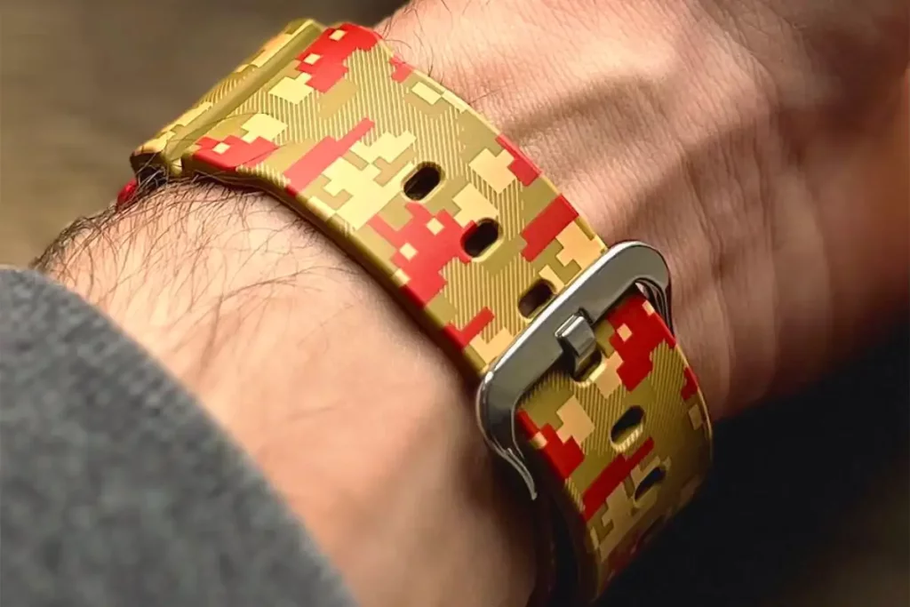 Funky G-Shock watch band from the Super Mario Bros. limited edition for 40th anniversary, showing Super Mario in 8-bit retro style.