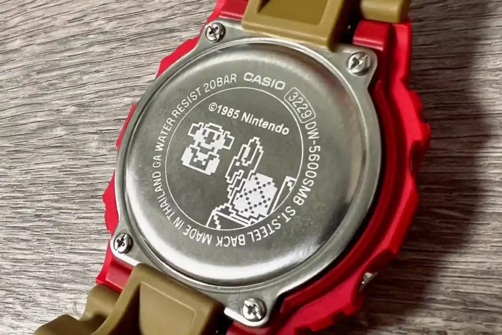 The caseback of the new limited edition G-Shock watch for men in collaboration with Super Mario Bros. 