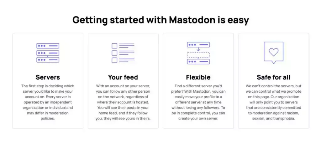 A screenshot from Mastodon social network website that shows getting started with Mastodon is easy.