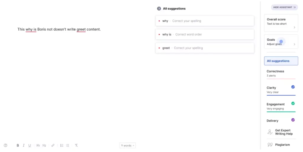 Screenshot of Grammarly, the best spell-checking and grammar tool for writers.