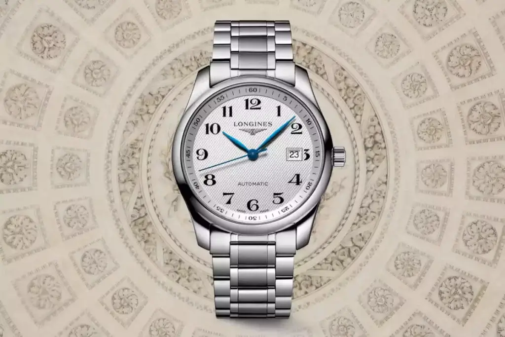 Longines Master Collection luxury timepiece with blue steel hands, on a classical background.