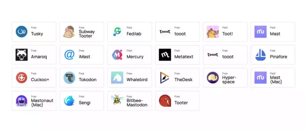 Screenshot from the Mastodon social network website showing various apps available that you can use in the Fediverse.