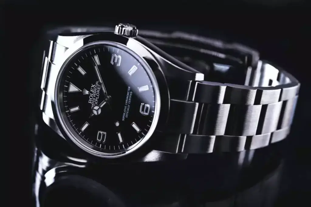 Classic Rolex Oyster Perpetual Explorer in Oystersteel and 36mm size with a black dial.