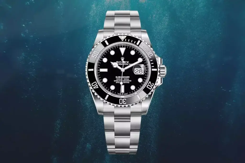 Black Rolex Submariner ref. 126610LN, a reference among diver watches, pictured submerged under the deep waters.