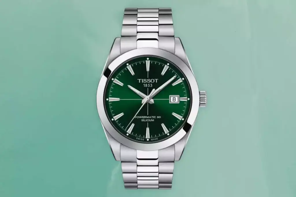 Tissot's Gentleman watch powered by Powermatic 80 movement in green color.