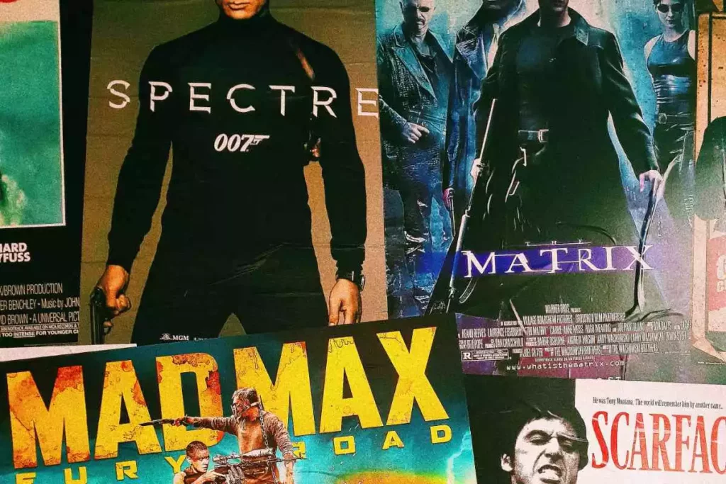 Magazines showing some of the best movies of all time - James Bond 007 Spectre, The Matrix, Scarface, and Mad Max Fury Road.