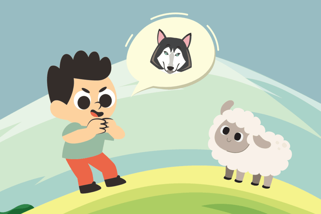 Illustration of Boy Who Cried Wolf story, presenting young boy, sheep and wolf on top of a hill as part of visual storytelling.