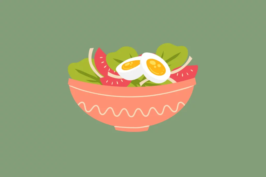 An illustration of a modern healthy breakfast in a bowl - with eggs, tomato, onions, and lettuce, as a surprise for valentine's day.