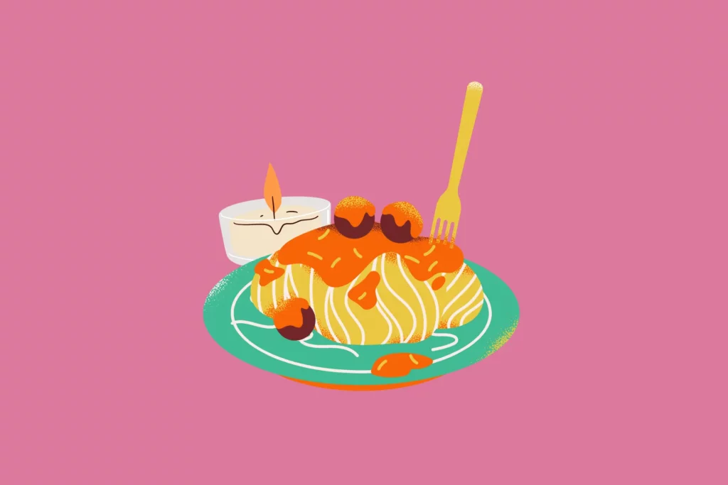 Illustration of spaghetti bolognese and a candle for a candle-lit dinner for valentine's day.