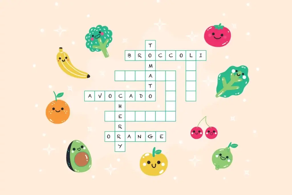 Easy crossword puzzle to improve focus and expand your vocabulary with drawings of vegetables, such as tomato, broccoli, avocado, cherry and orange.