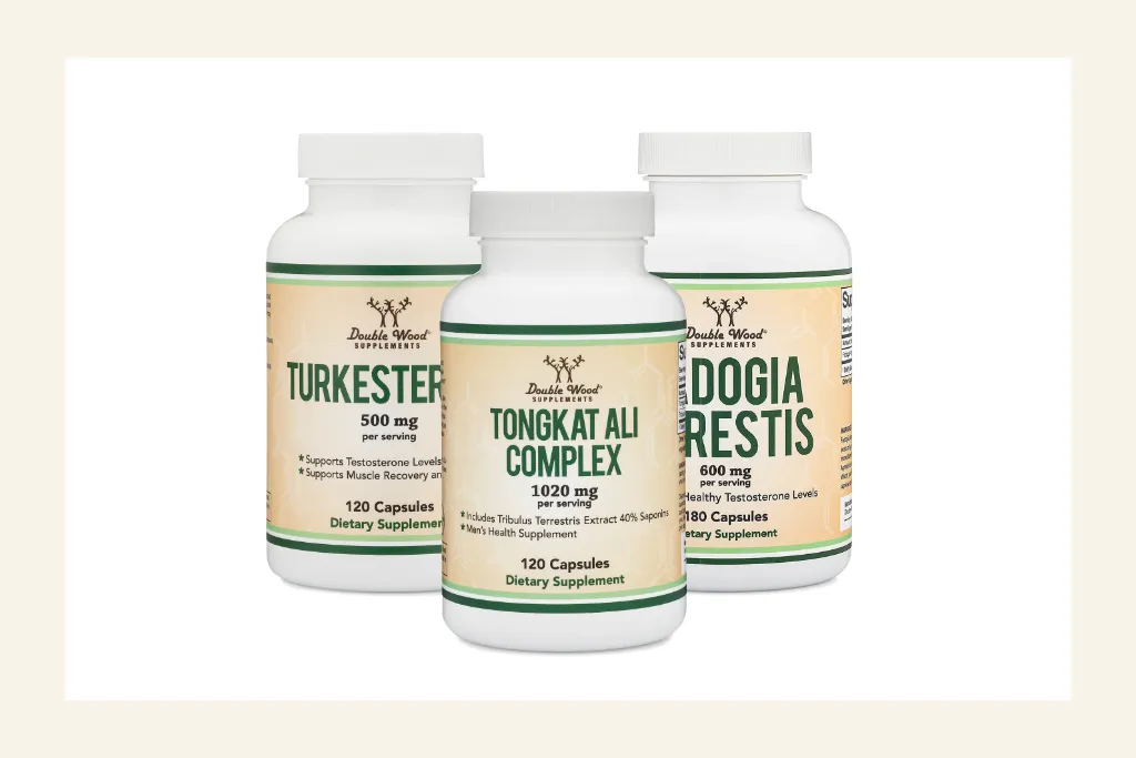 A photograph of the most popular men's health combo of ntaural nootropics and vitamins for men from Double Wood Supplements, including Tongkat Ali, Fadogia Aagrestis, and Turkesterone.