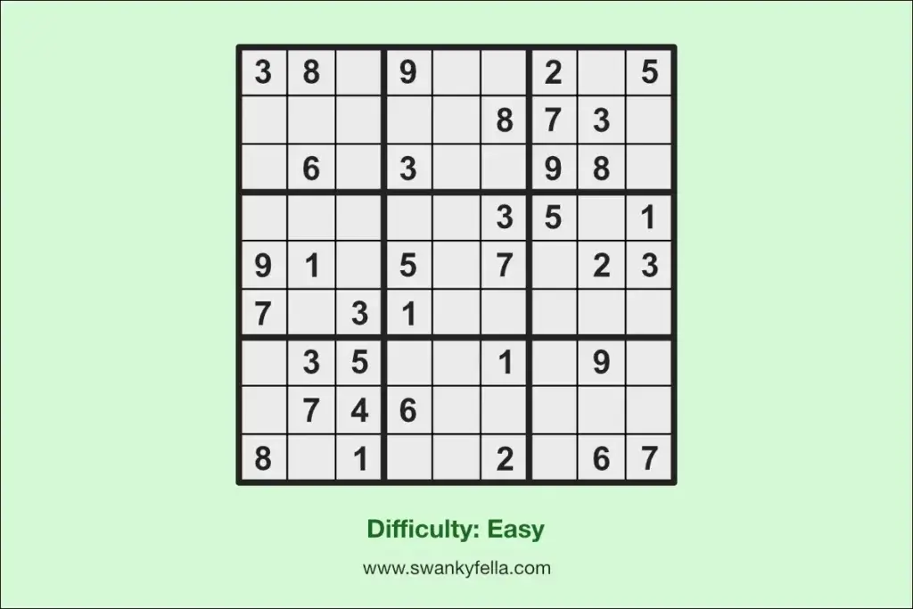 Free printable sudoku puzzle of easy difficulty for learning how to play sudoku.