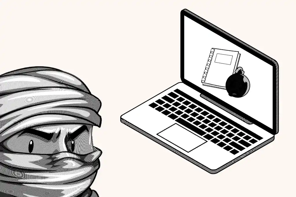 An black & white illustration of a comic terrorist looking how to make bombs online, for an article on browser search history and how to delete it.