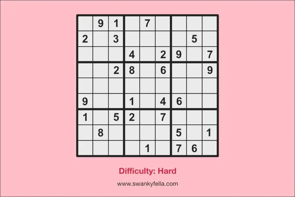 Hard difficulty printable sudoku puzzle for free.
