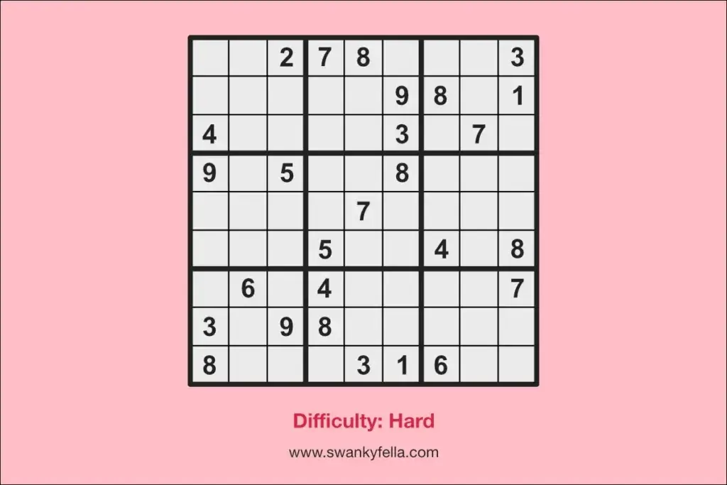 Download this free printable sudoku puzzle with hard difficulty to practice.