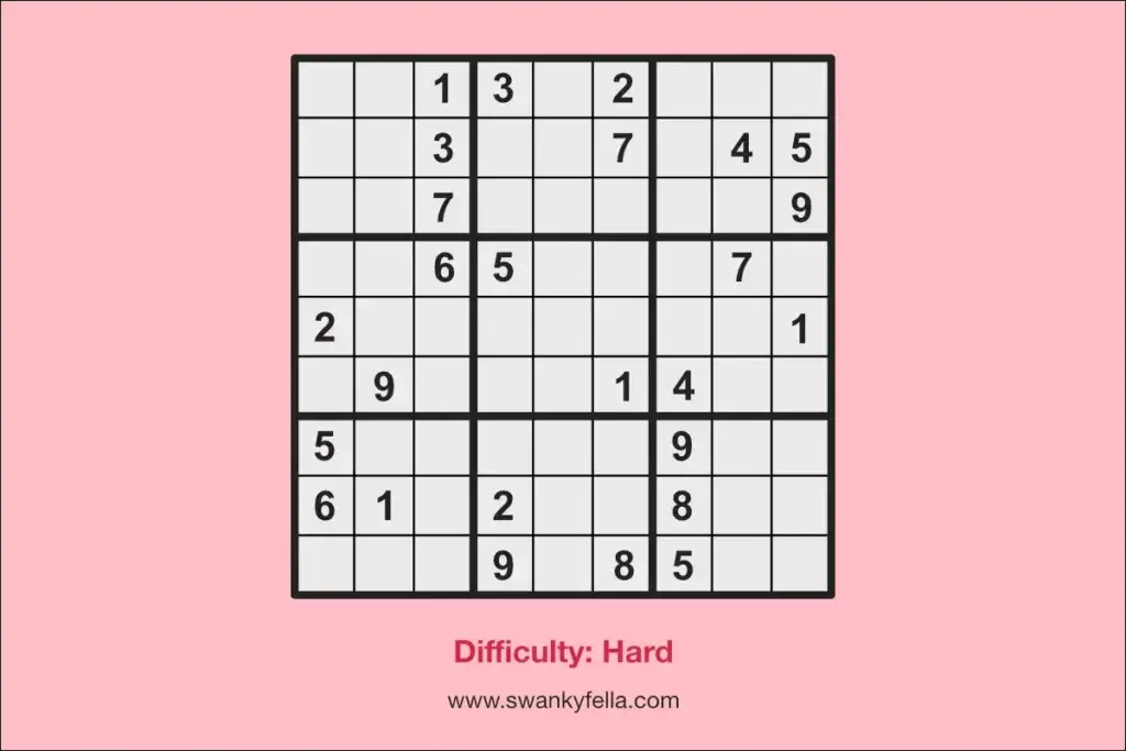A hard-difficulty sudoku puzzle for free print and learning the game of sudoku.