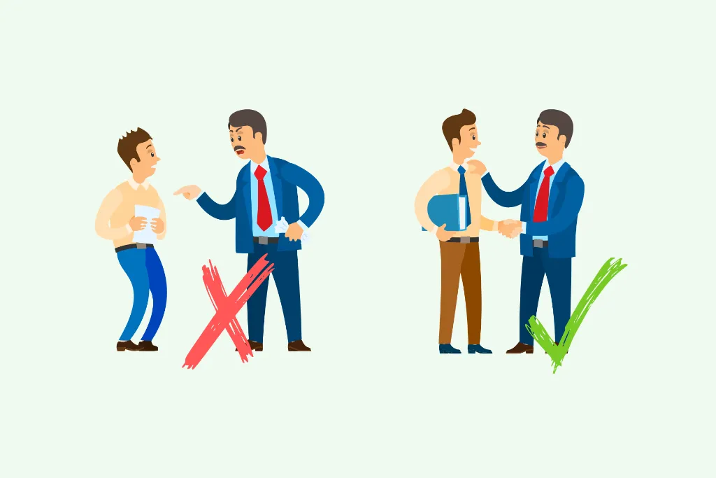 An illustration showing a conversation between a boss and employee, as an example of how to show a positive attitude to become a better leader.