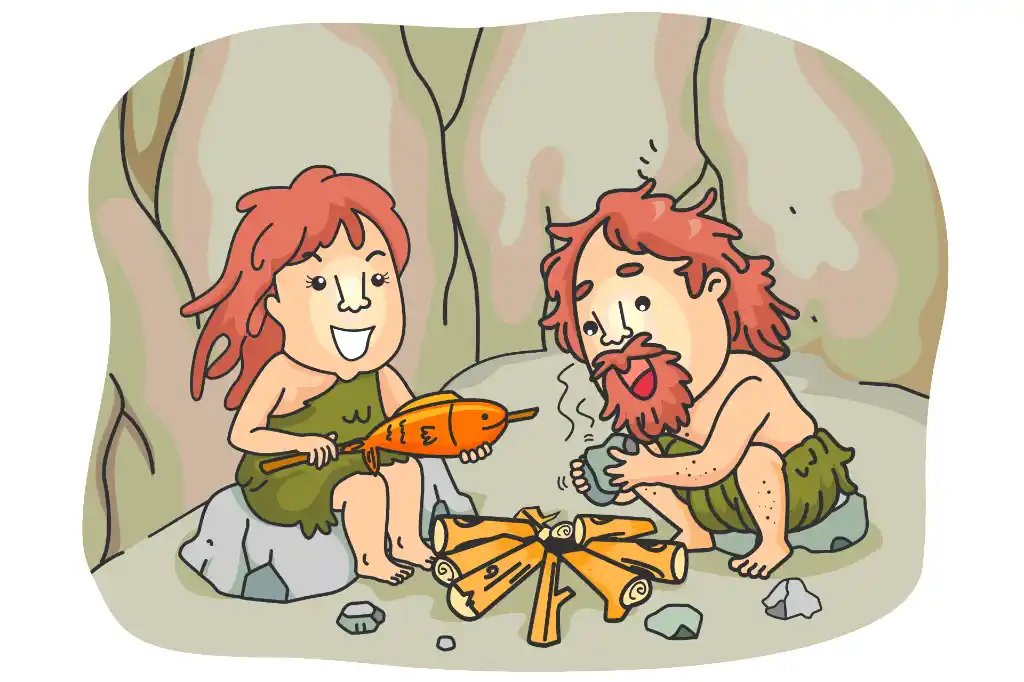 An illustration cloud of two prehistoric people grilling a fish and making fire in the cave, after de-escalating a fight.