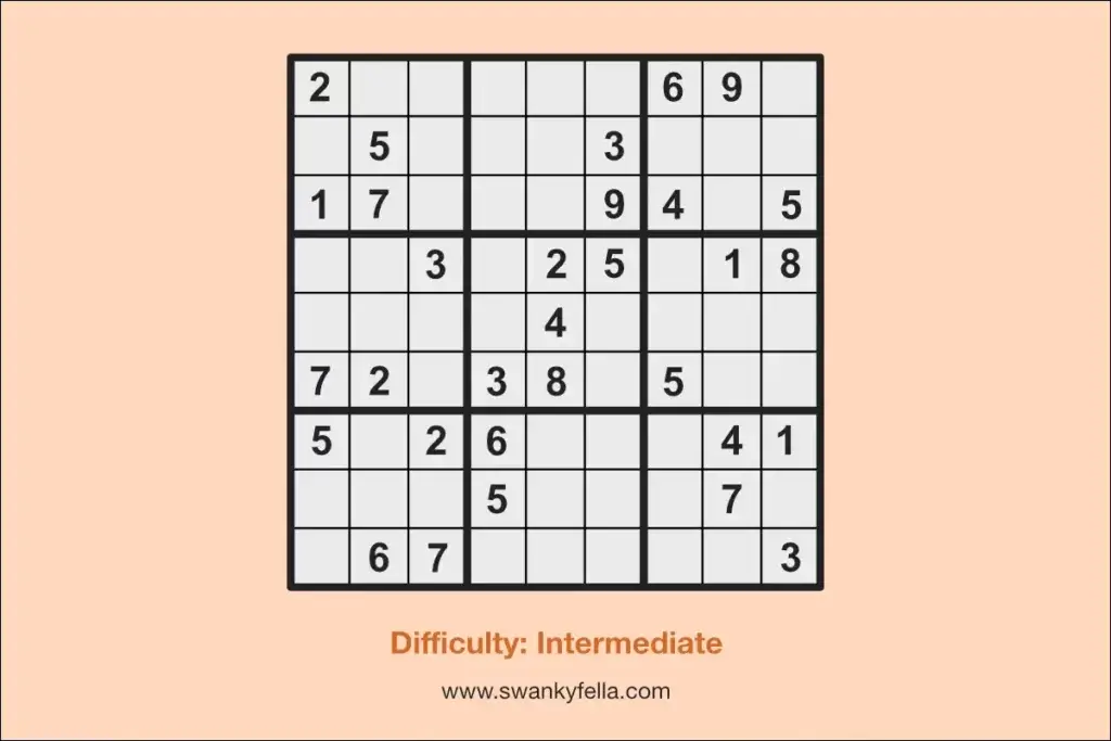 An intermediate medium difficulty printable sudoku puzzle. 