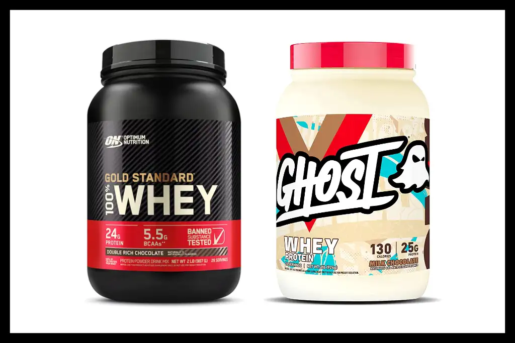 An image of Ghost and Optimum Nutrition Gold Standard whey proteins for fast weight gain in men with fast metabolism.