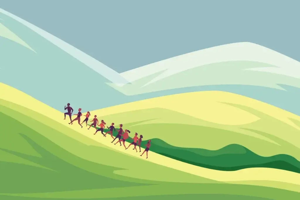 Illustration of people running up the hill to save the Boy Who Cried Wolf in this visual storytelling. 