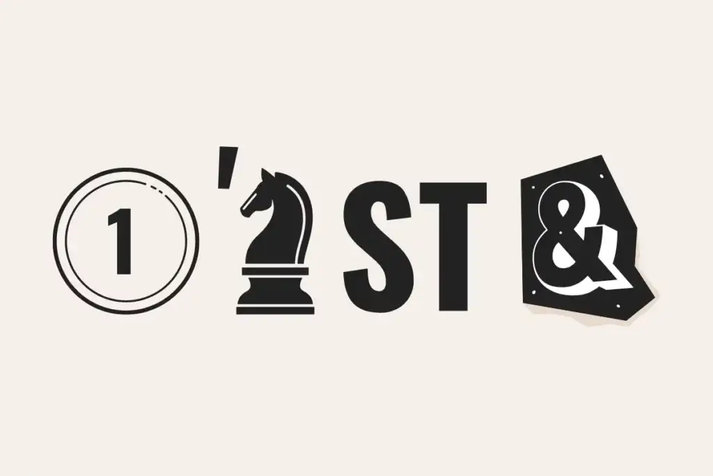 Simple rebus puzzle that says 'one night stand', with a circled number one, a black knight chess figure, letters 'ST', and '&' symbol.