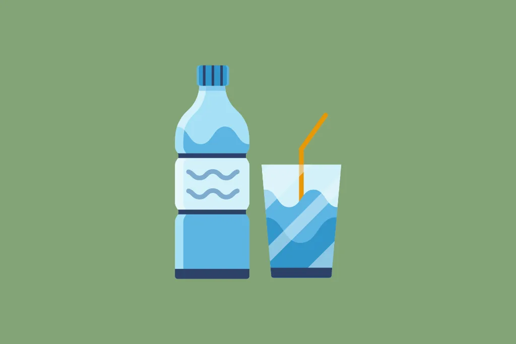 An illustration of a bottle next to a glass of water, as staying hydrated is crucial for a healthy life.