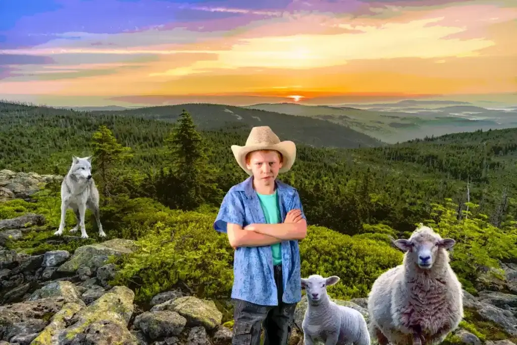 A cartoonized image of a young boy who cried wolf with a hat, sheep standing next to him, wolf watching from behind, and deep forrest behind them. 