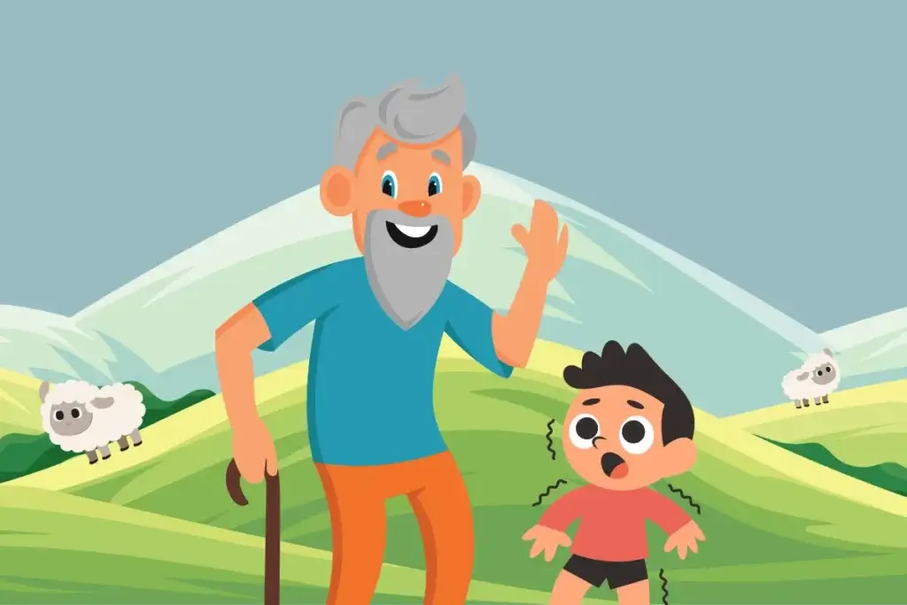 A visual storytelling illustration of an older man and young boy who cried wolf on the hill, with sheep in the background. 
