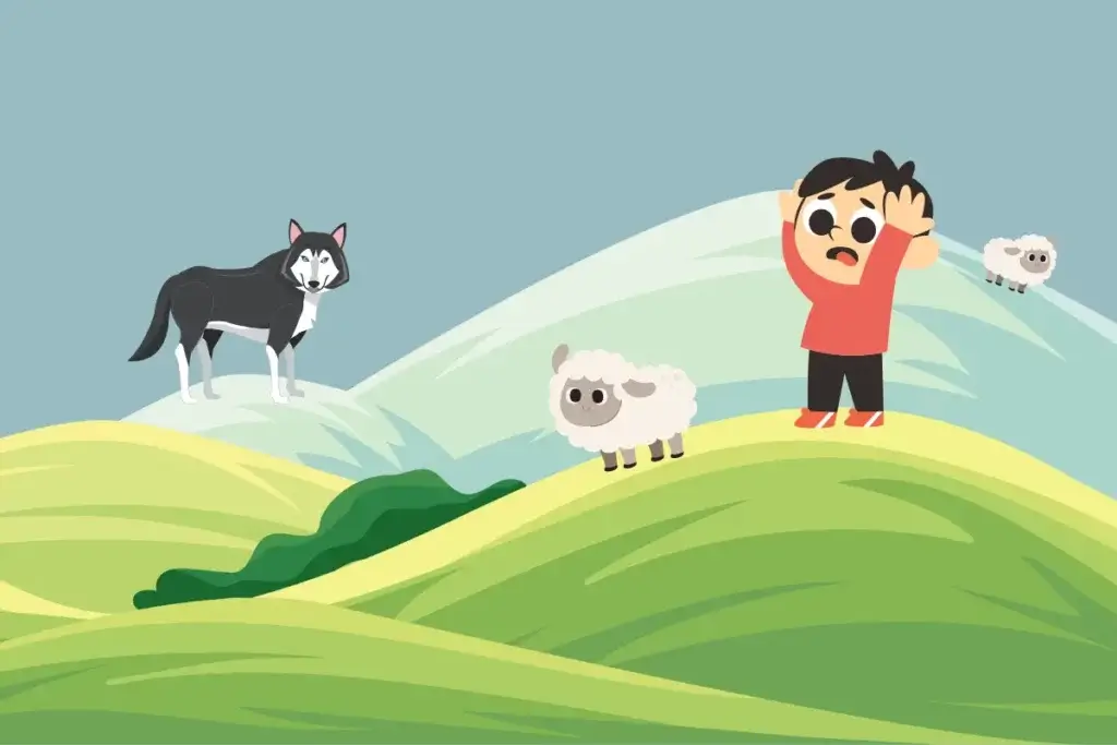 An illustration, for how to improve storytelling ability, of a young boy from Boy Who Cried Wolf and sheep beside him being scared of wolf on the top of the hill.