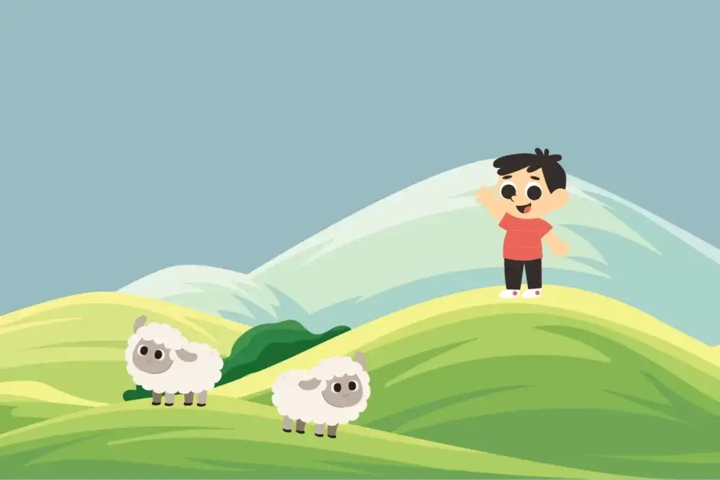 An illustration of sheep and young boy standing on top of the hill for the storytelling of Boy Who Cried Wolf story.