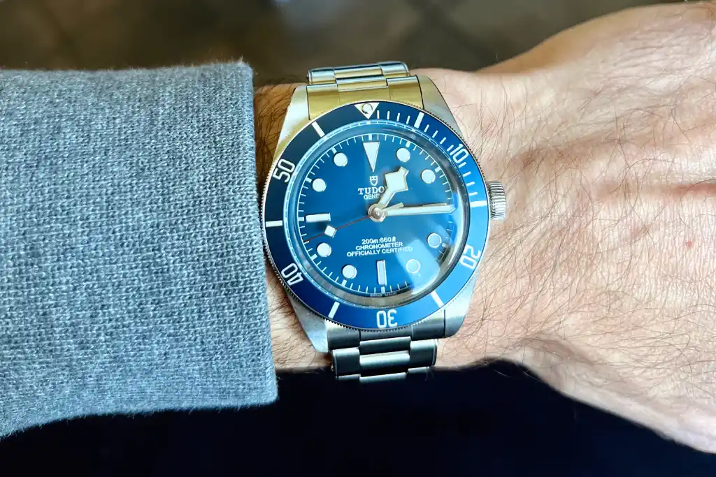 The Tudor Black Bay 58 watch in blue looking great in different light.