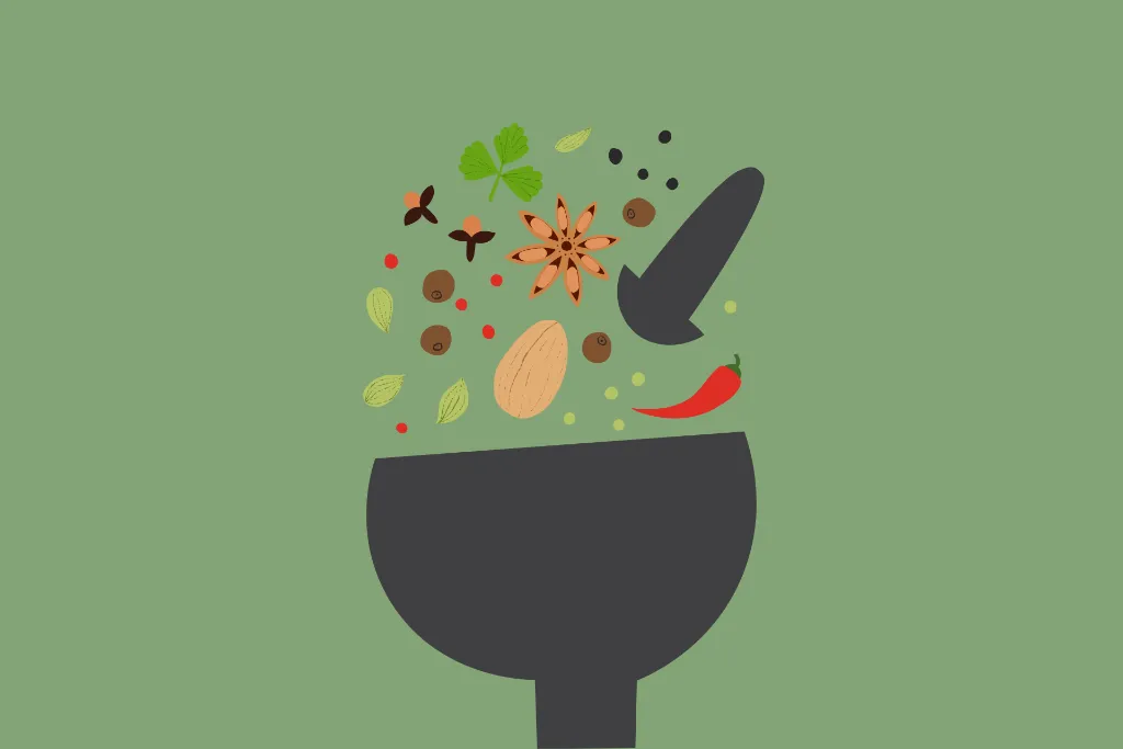 Illustration of herbs and spices, as using spices and herbs in cooking can improve flavor and nutritional values of your diet.