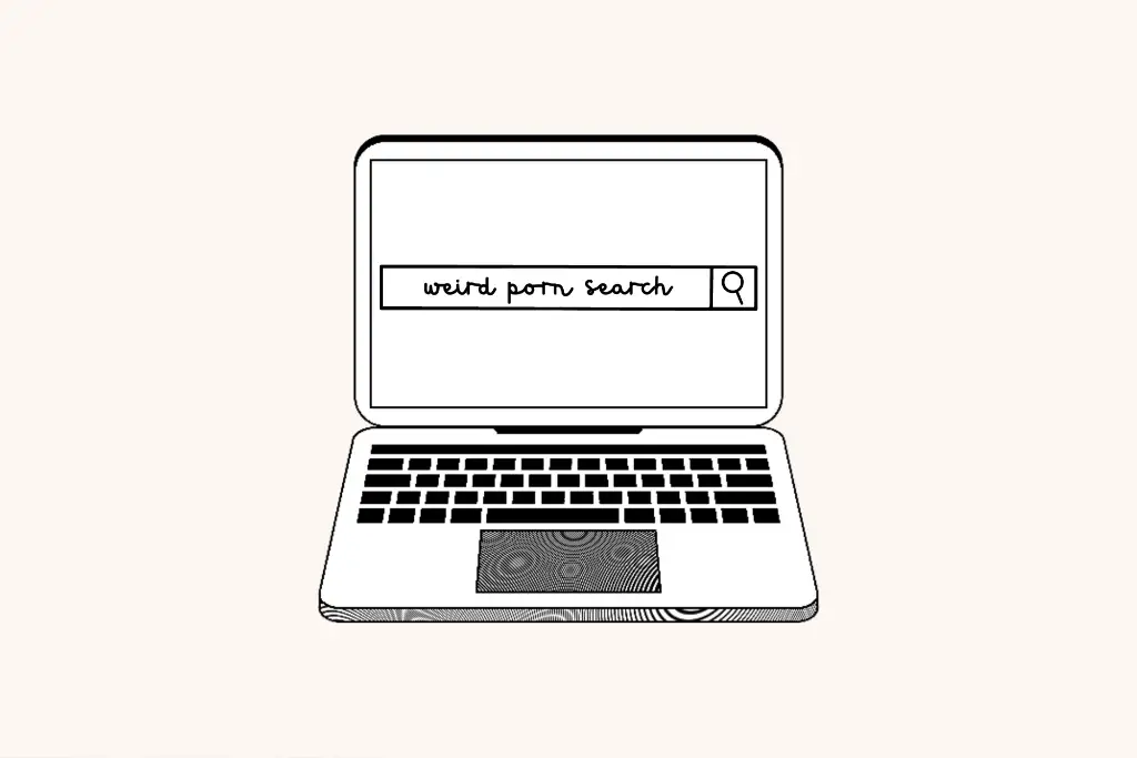 An illustration showing a comic style laptop with Google search open, and a query on weird porn search, in order to show how to delete browser history.
