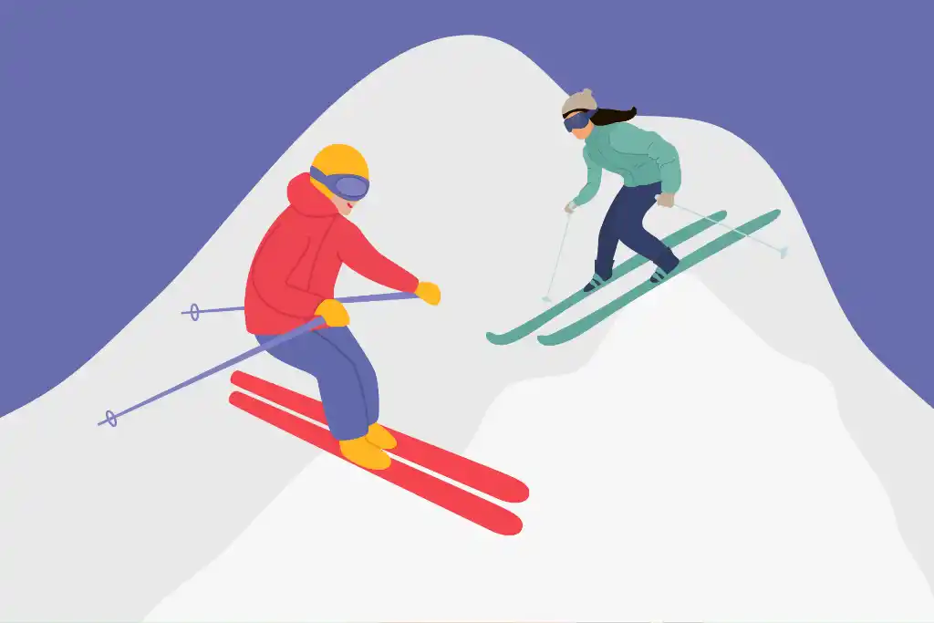 An illustration of a couple, young man and woman skiing outdoors on a mountain slope.