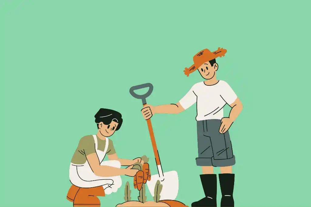 An illustration showing man and woman, a young couple gardening outdoor. 
