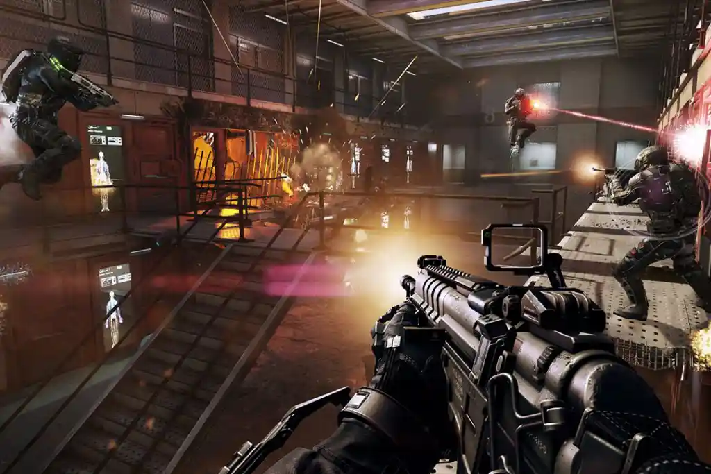 A screenshot of Call of Duty Advanced Warfare FPS video-game, showing shootout with multiple enemies where having fast reaction time is crucial.