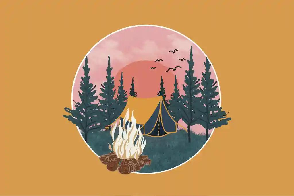 An illustration of a camping tent and fire in the woods, as a perfect outdoor hobby for couples and families.