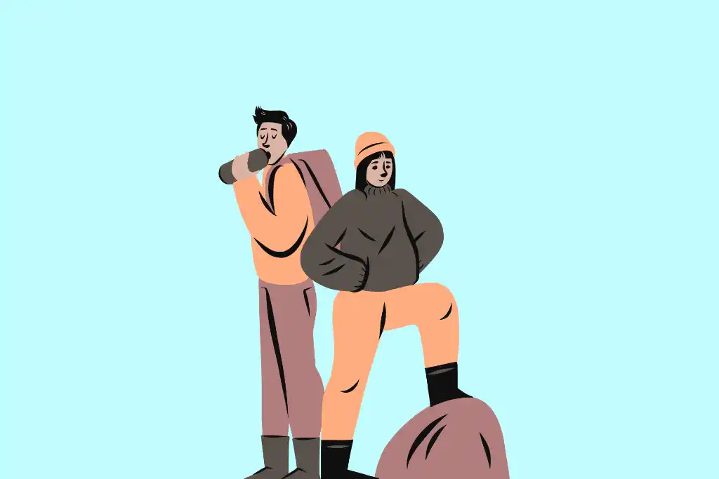 An illustration of a young couple hiking, standing on a top of a mountain.