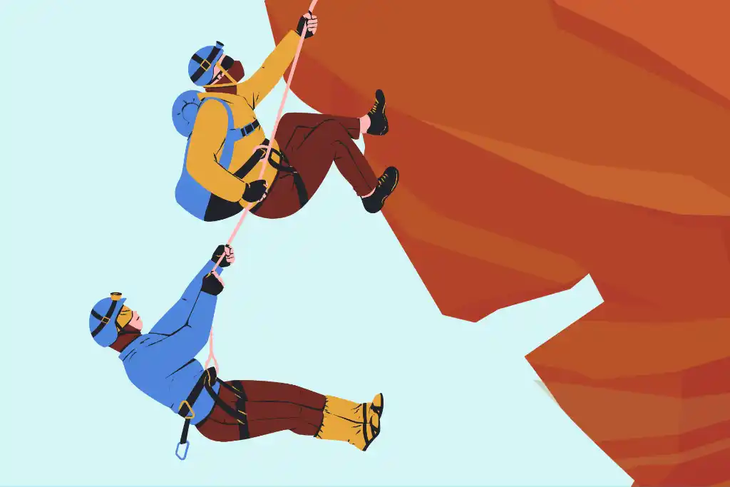 An illustration showing man and woman, a couple rock climbing together outdoors on a rocky mountain.