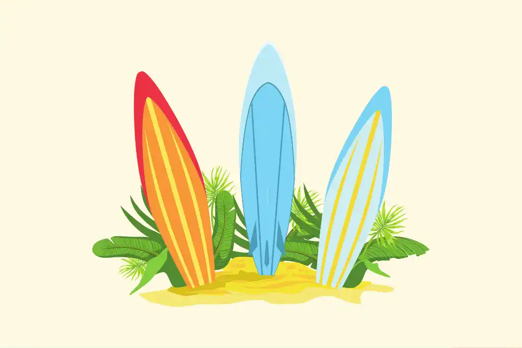 An illustration of three surf boards stuck in the sand, as surfing is a perfect outdoor hobby for couples.