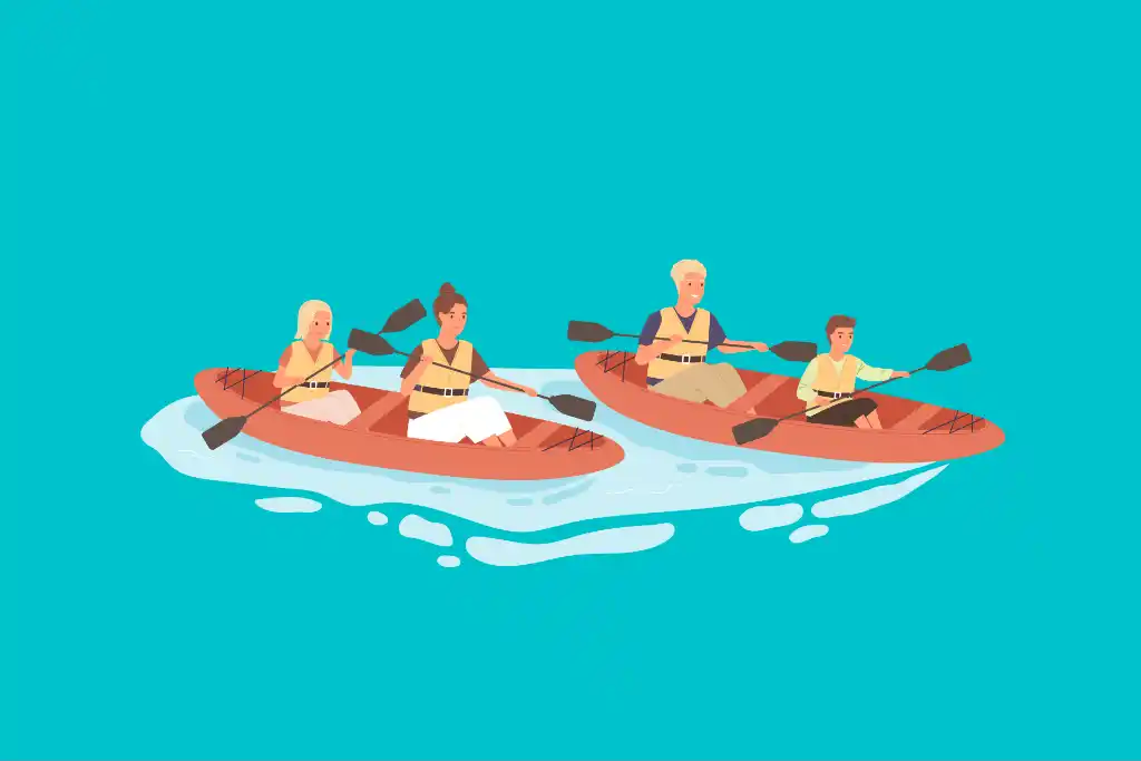 An illustration of two men and two women kayaking outdoors on the sea as a hobby.