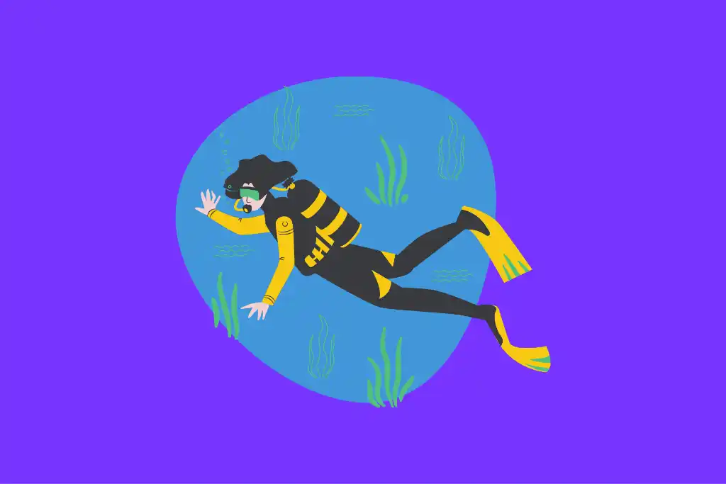 An illustration of a woman scuba diving in the deep waters as a hobby.