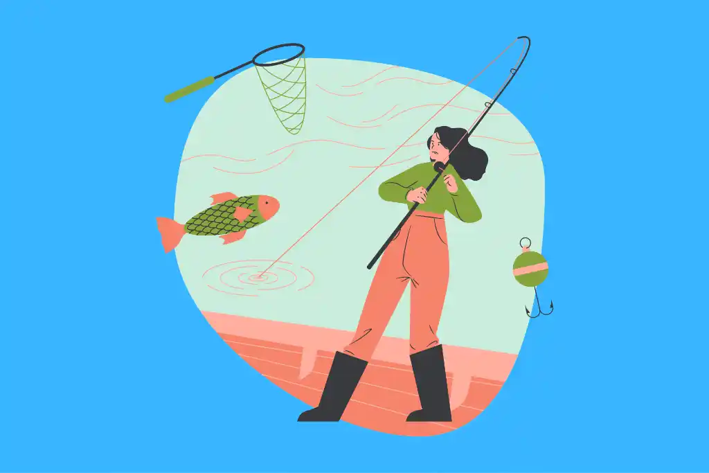 An illustration of a woman fishing as a hobby on a boat.