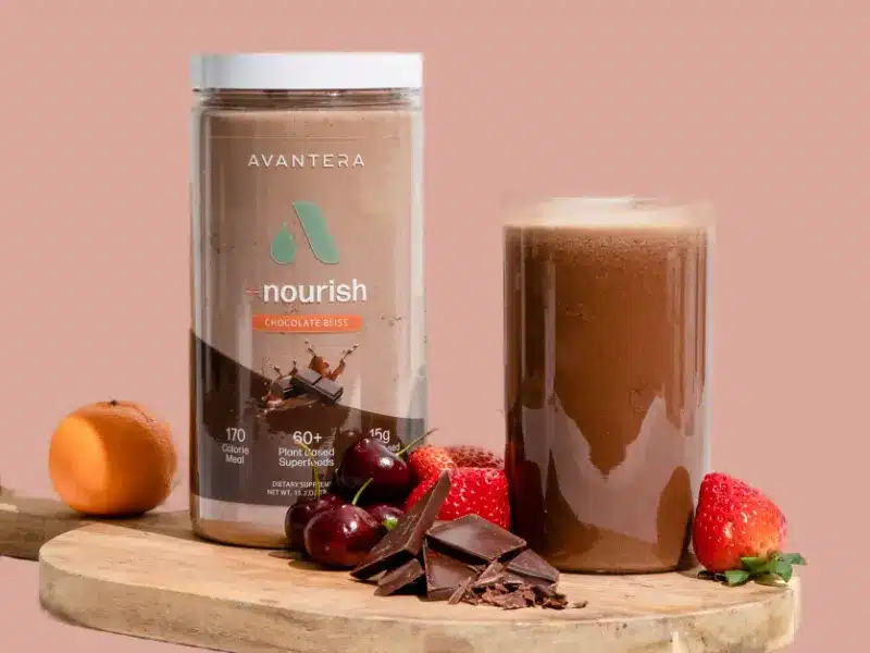 Avantera's +Nourish food replacement chocolate shake for weight loss, containing only 170 calories per meal.